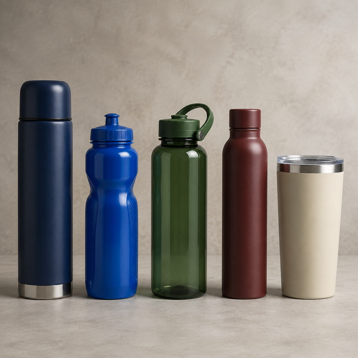 Five blank customizable drinkware styles